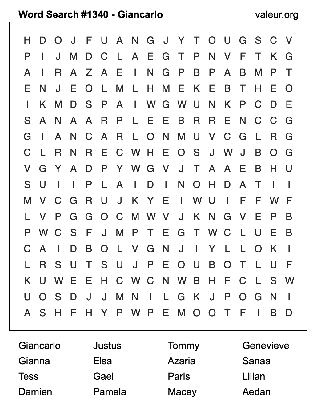 Word Search Puzzle with the name Giancarlo #1340 Word Search Puzzle with the name Giancarlo #1340