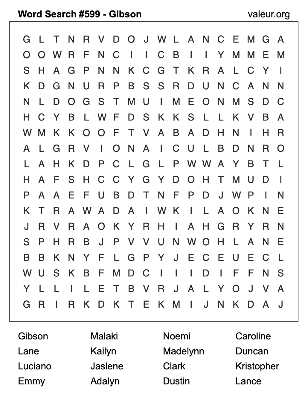 Word Search Puzzle with the name Gibson #599