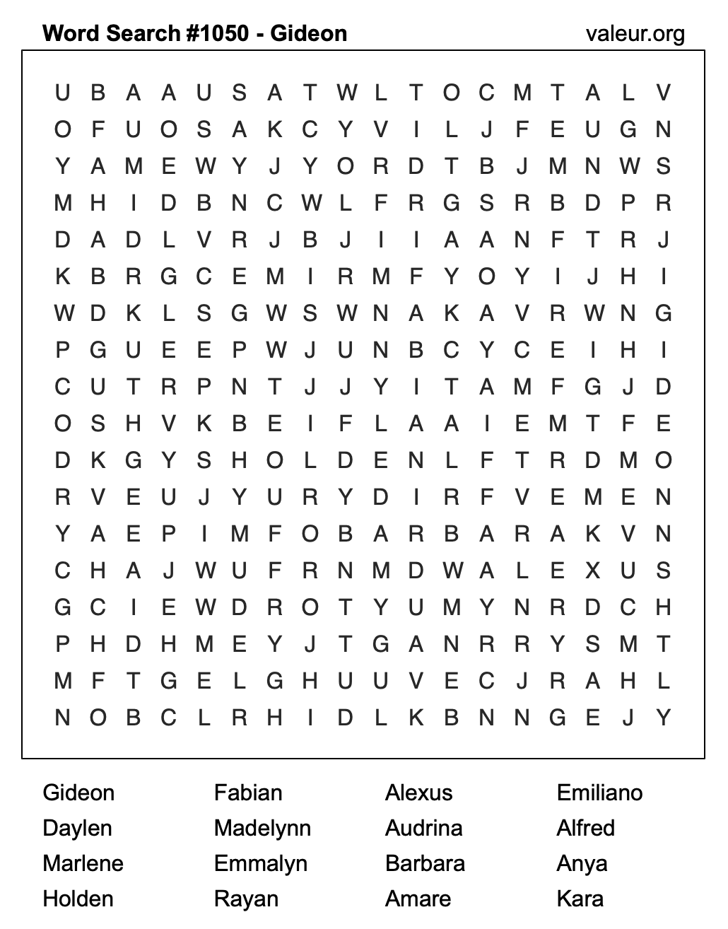 Word Search Puzzle with the name Gideon #1050