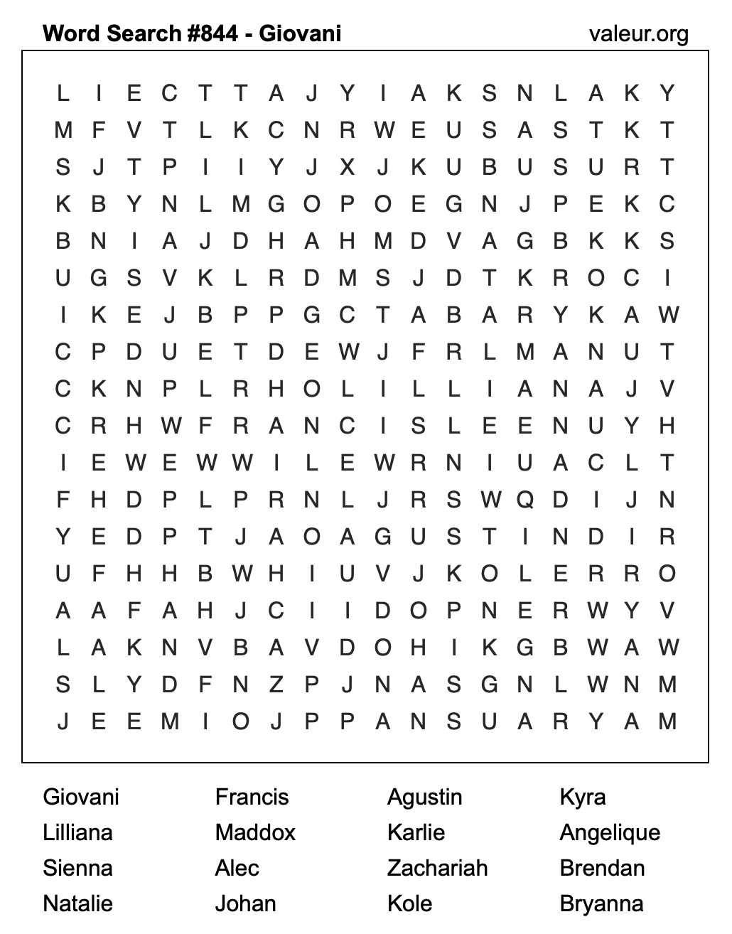 Word Search Puzzle with the name Giovani #844