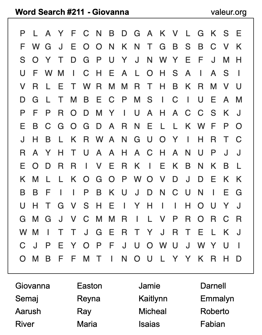 Word Search Puzzle with the name Giovanna #211