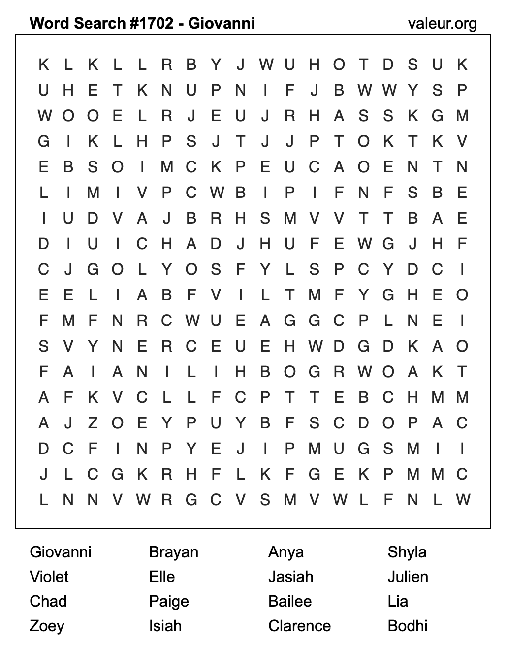 Word Search Puzzle with the name Giovanni #1702