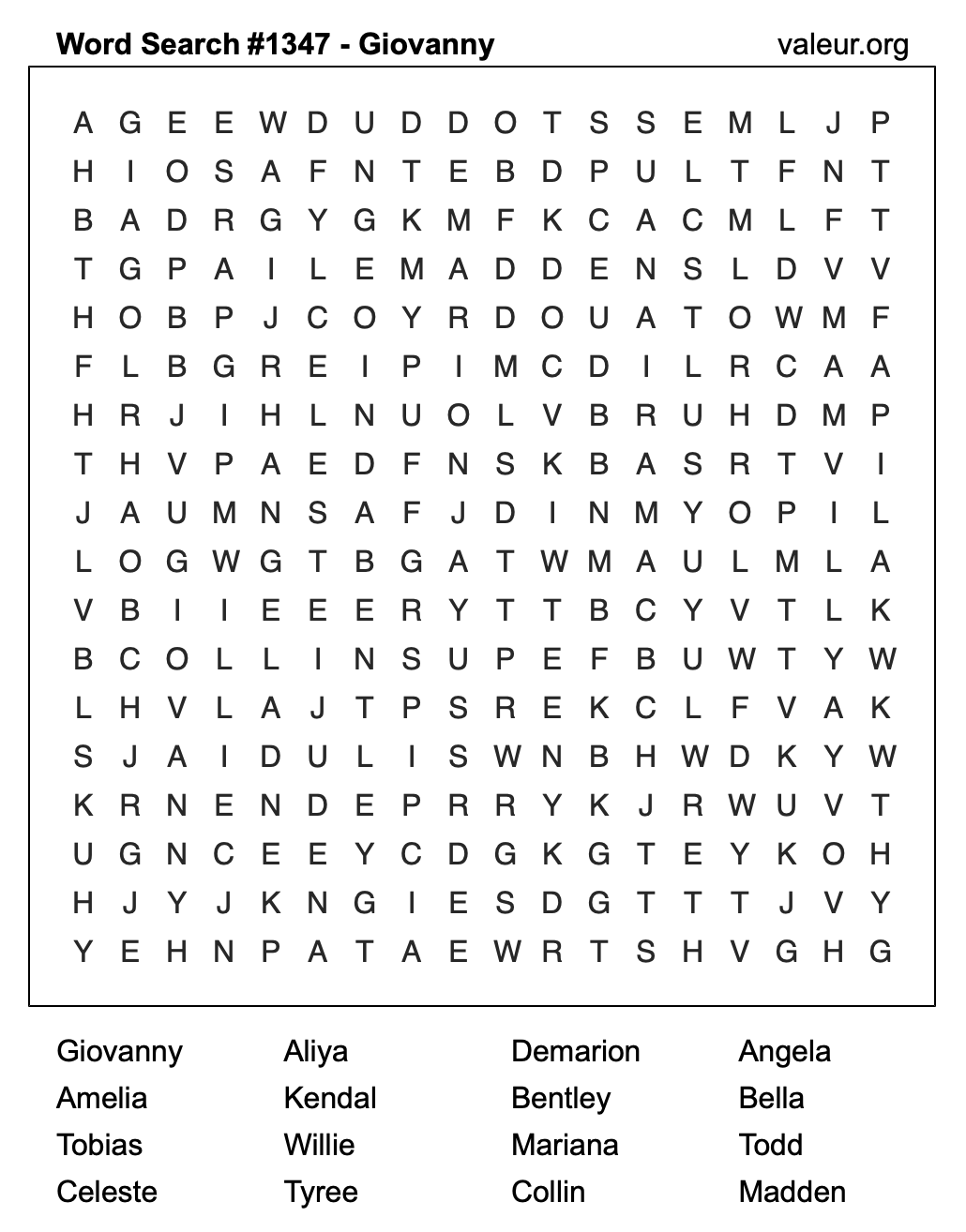 Word Search Puzzle with the name Giovanny #1347