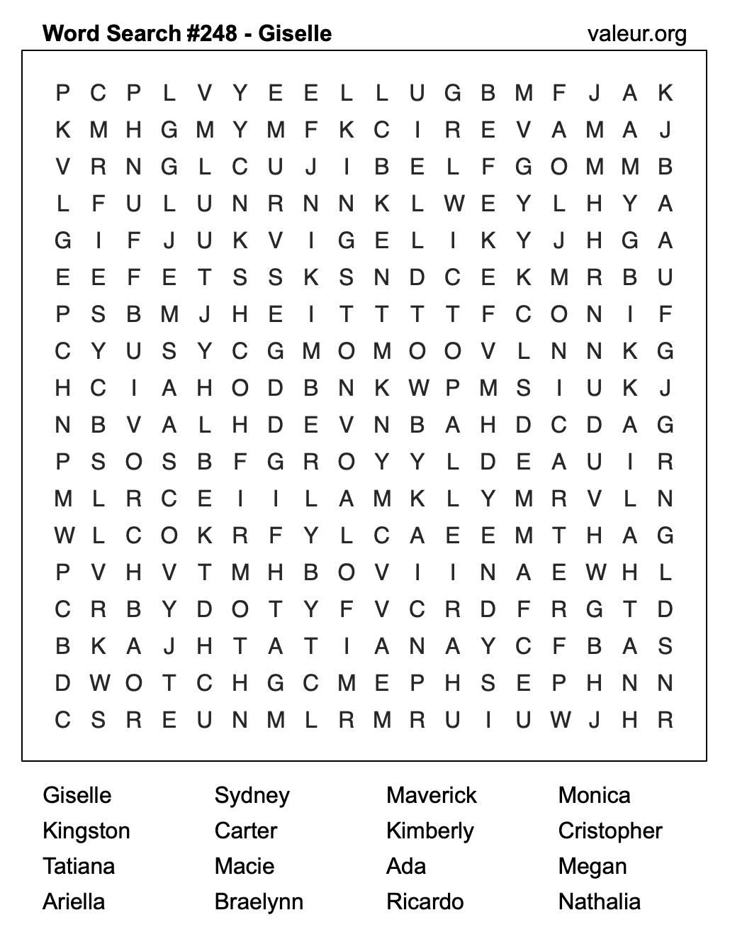 Word Search Puzzle with the name Giselle #248