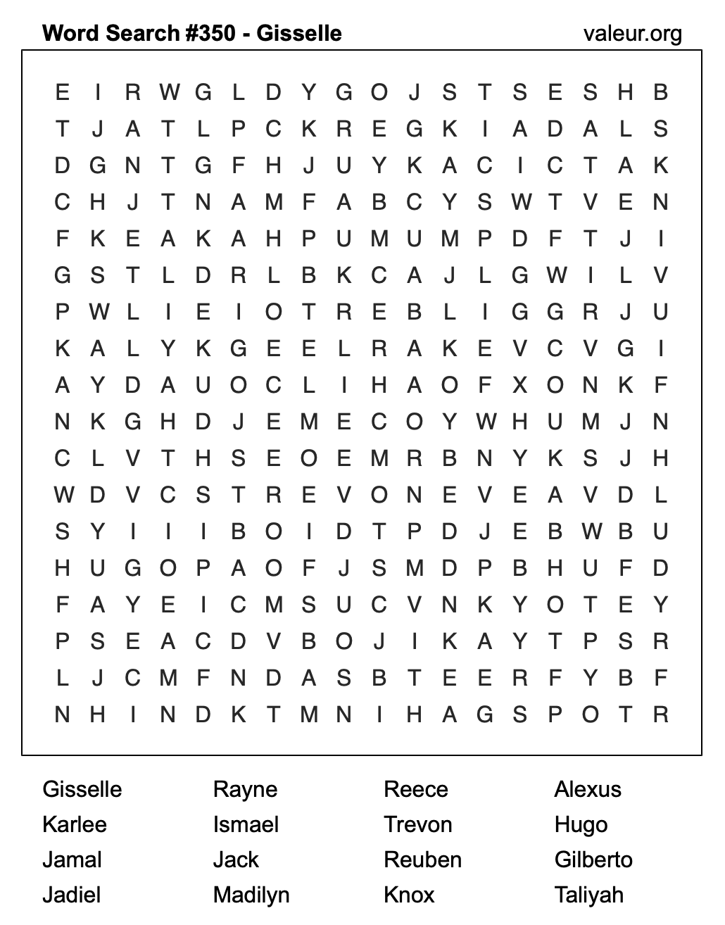 Word Search Puzzle with the name Gisselle #350