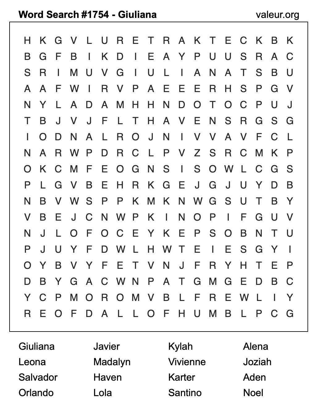Word Search Puzzle with the name Giuliana #1754 Word Search Puzzle with the name Giuliana #1754