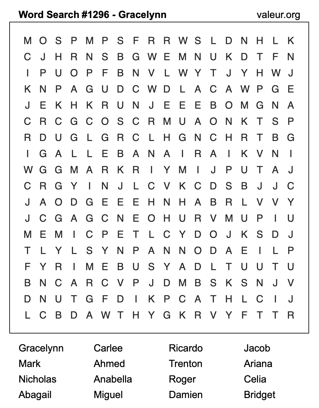 Word Search Puzzle with the name Gracelynn #1296