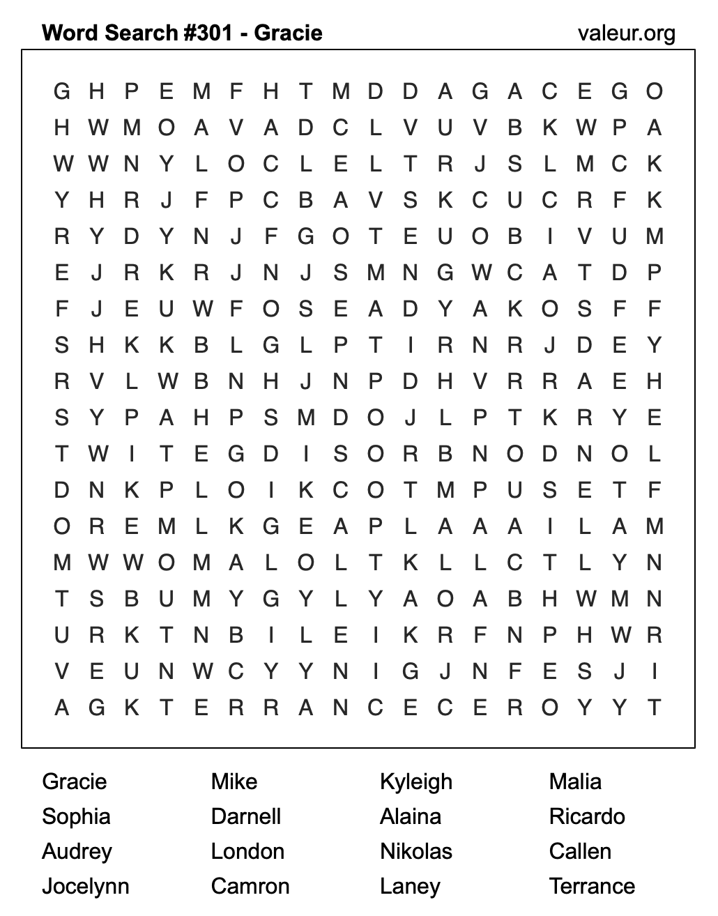 Word Search Puzzle with the name Gracie #301