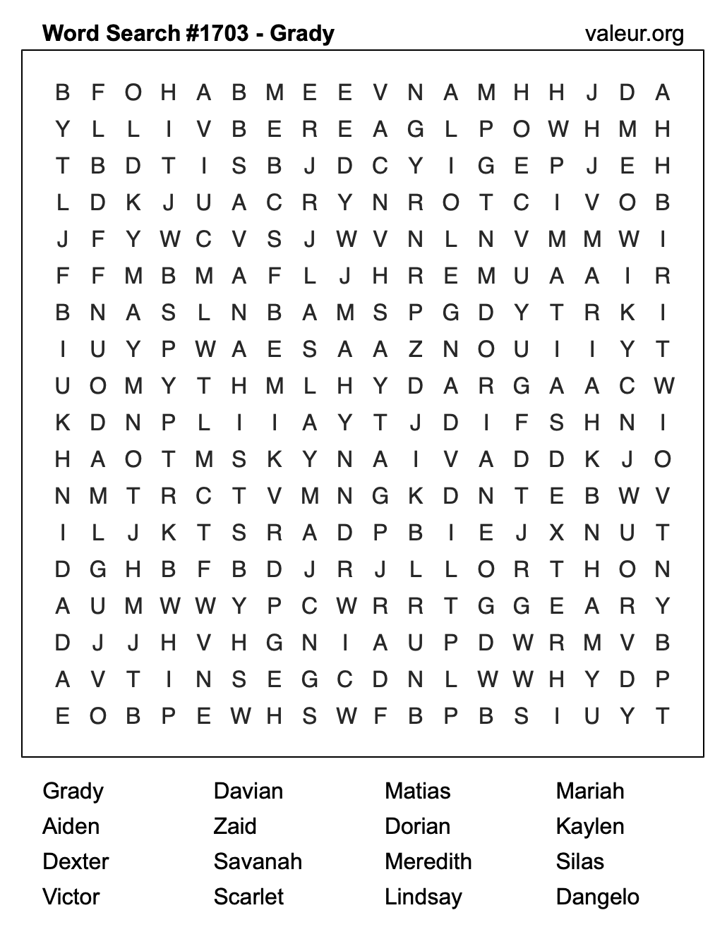 Word Search Puzzle with the name Grady #1703