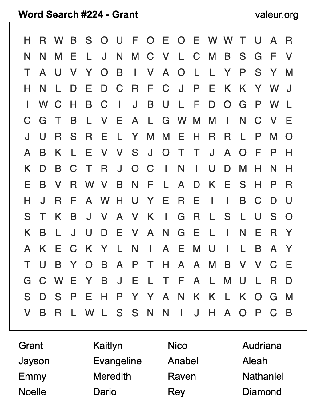 Word Search Puzzle with the name Grant #224