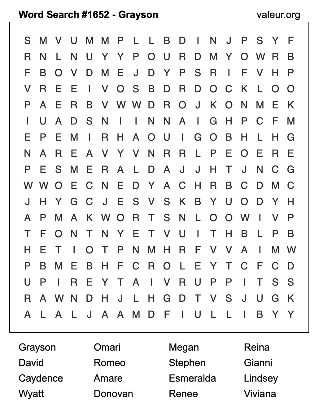 Word Search Puzzle with the name Grayson #1652