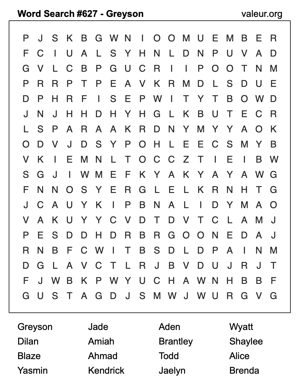 Word Search Puzzle with the name Greyson #627