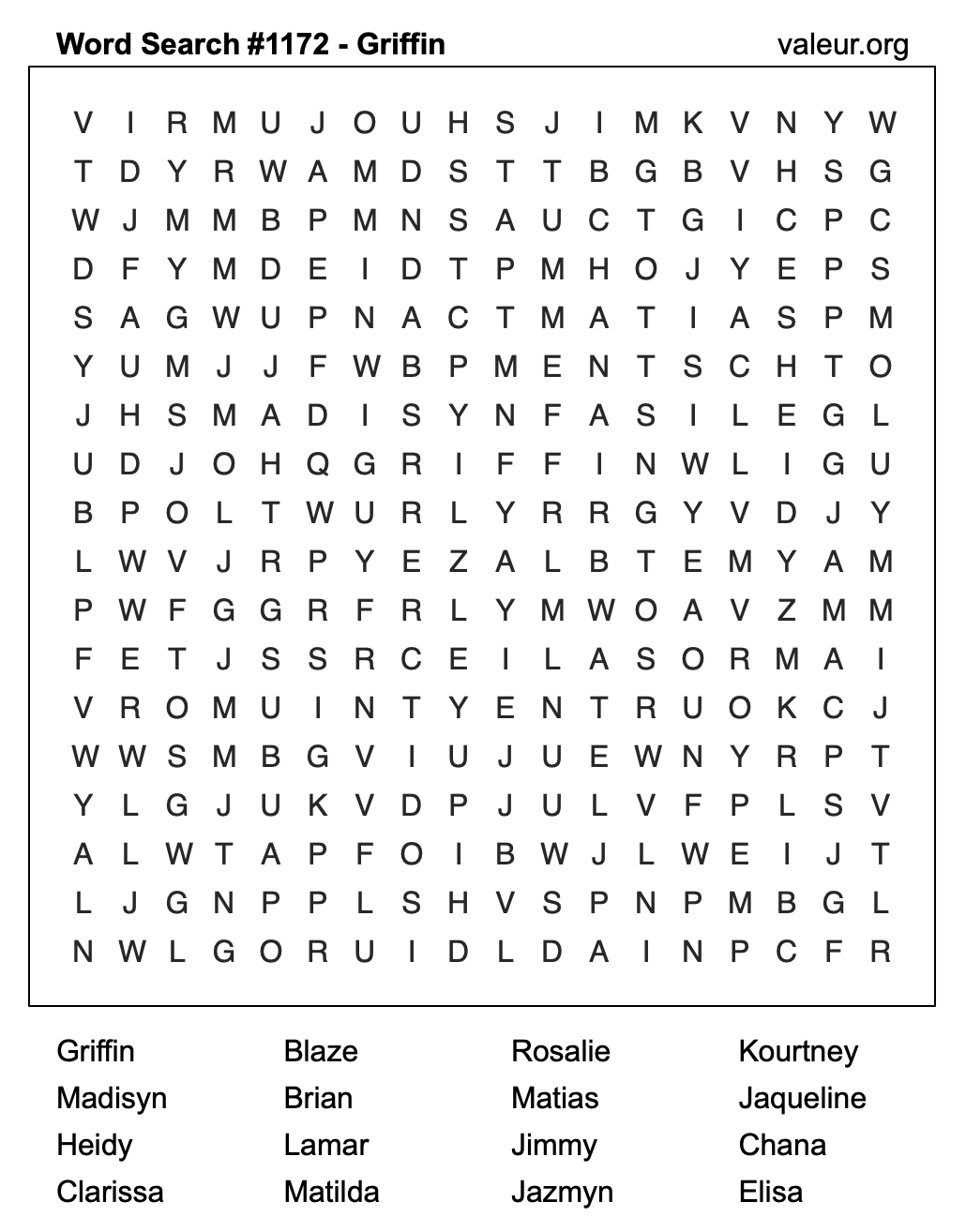 Word Search Puzzle with the name Griffin #1172