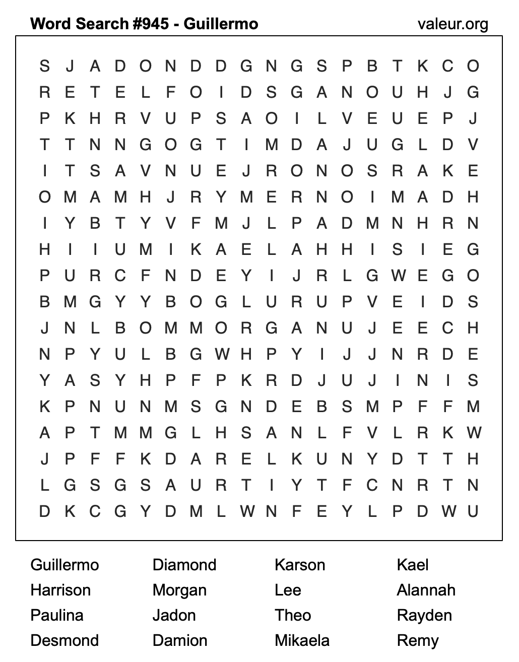 Word Search Puzzle with the name Guillermo #945