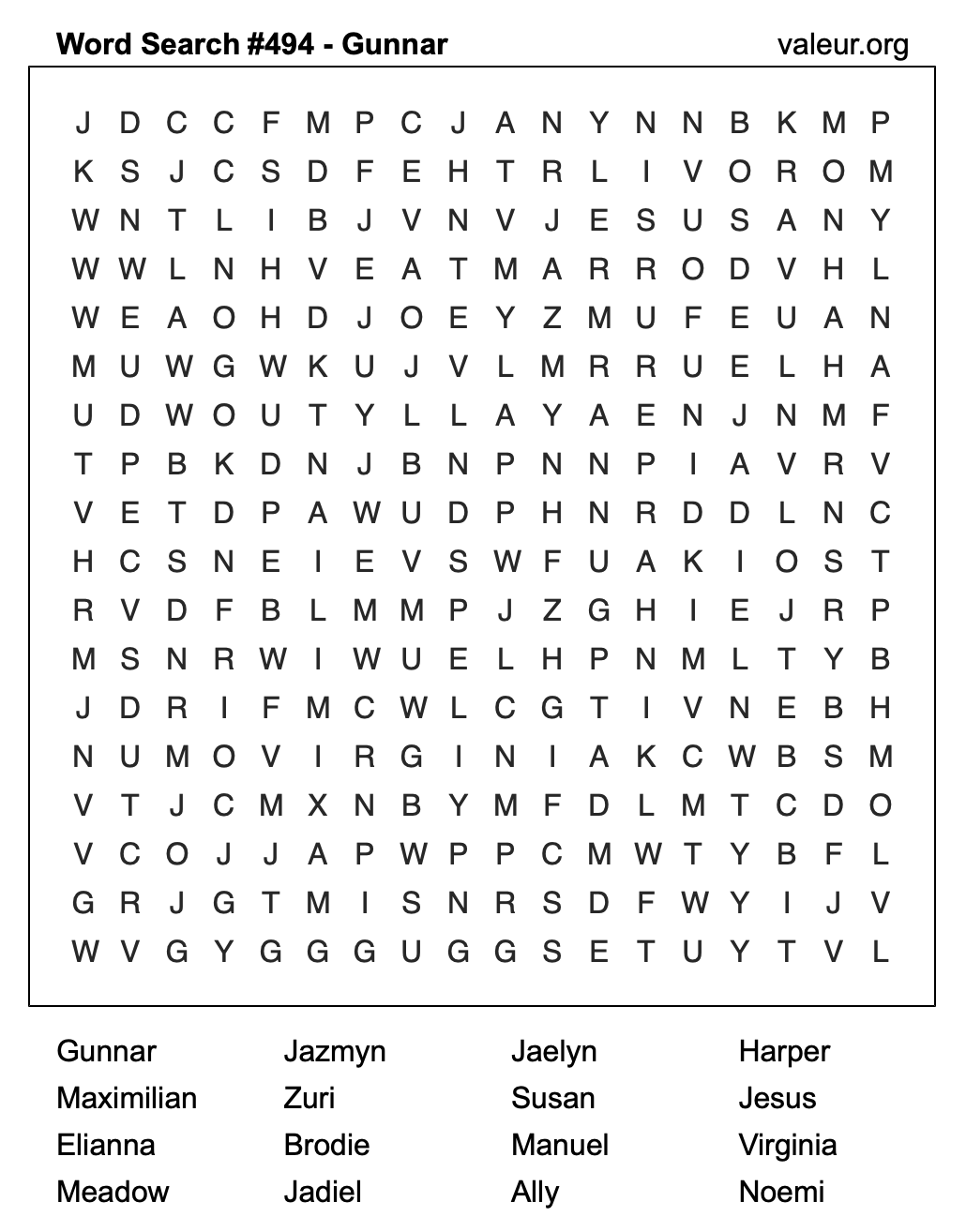 Word Search Puzzle with the name Gunnar #494