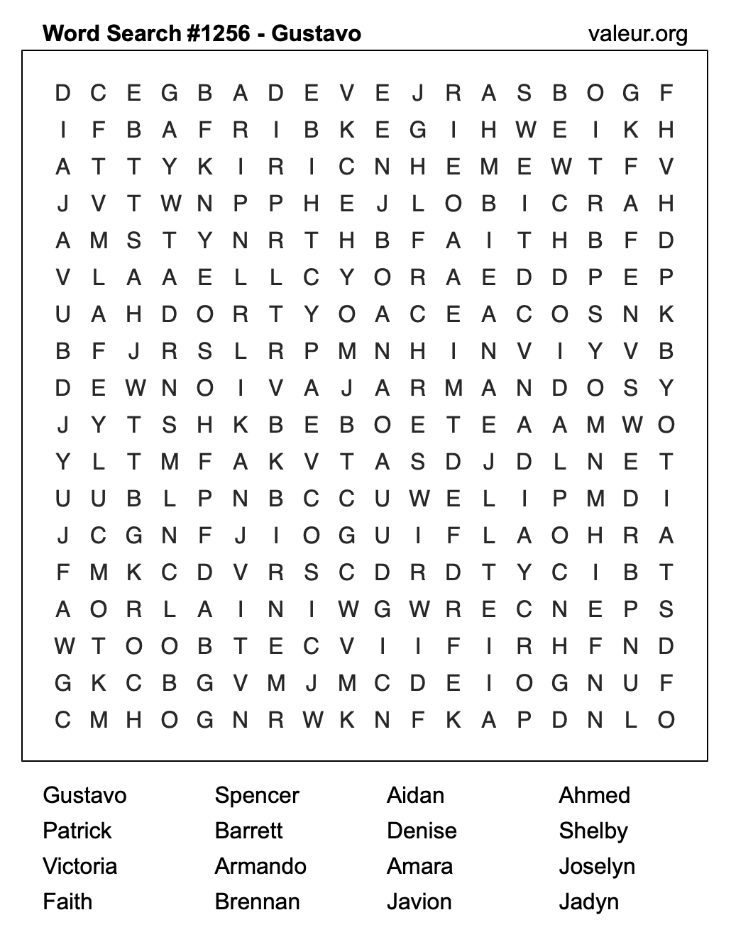 Word Search Puzzle with the name Gustavo #1256