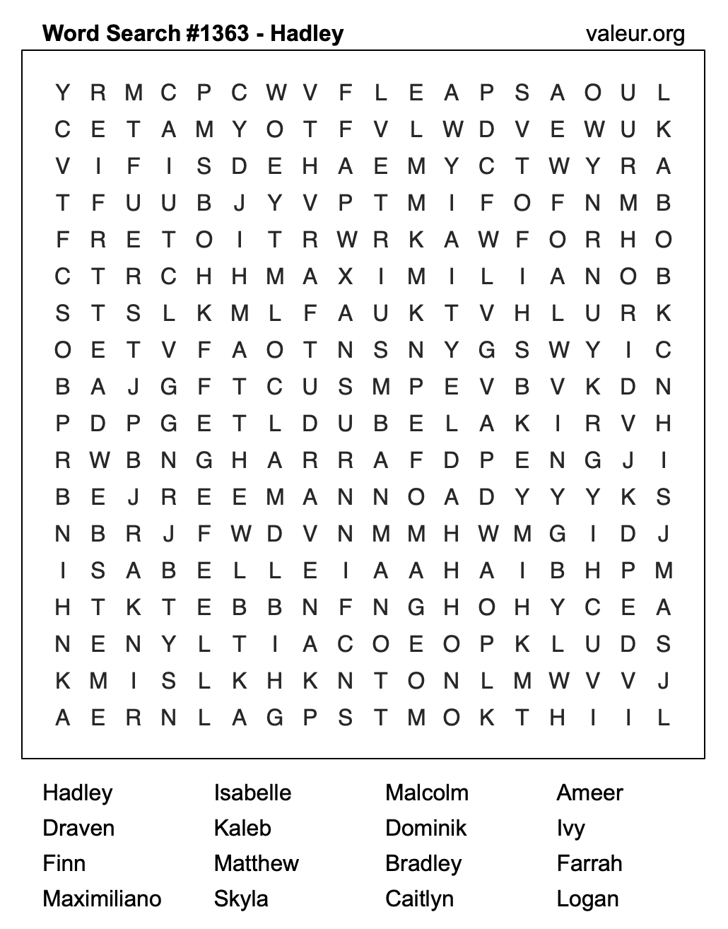 Word Search Puzzle with the name Hadley #1363