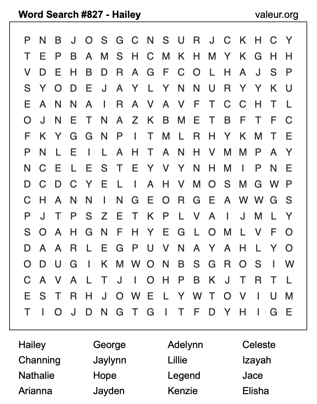 Word Search Puzzle with the name Hailey #827 Word Search Puzzle with the name Hailey #827