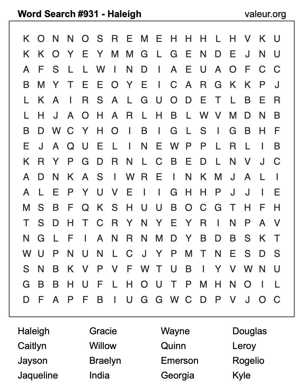 Word Search Puzzle with the name Haleigh #931
