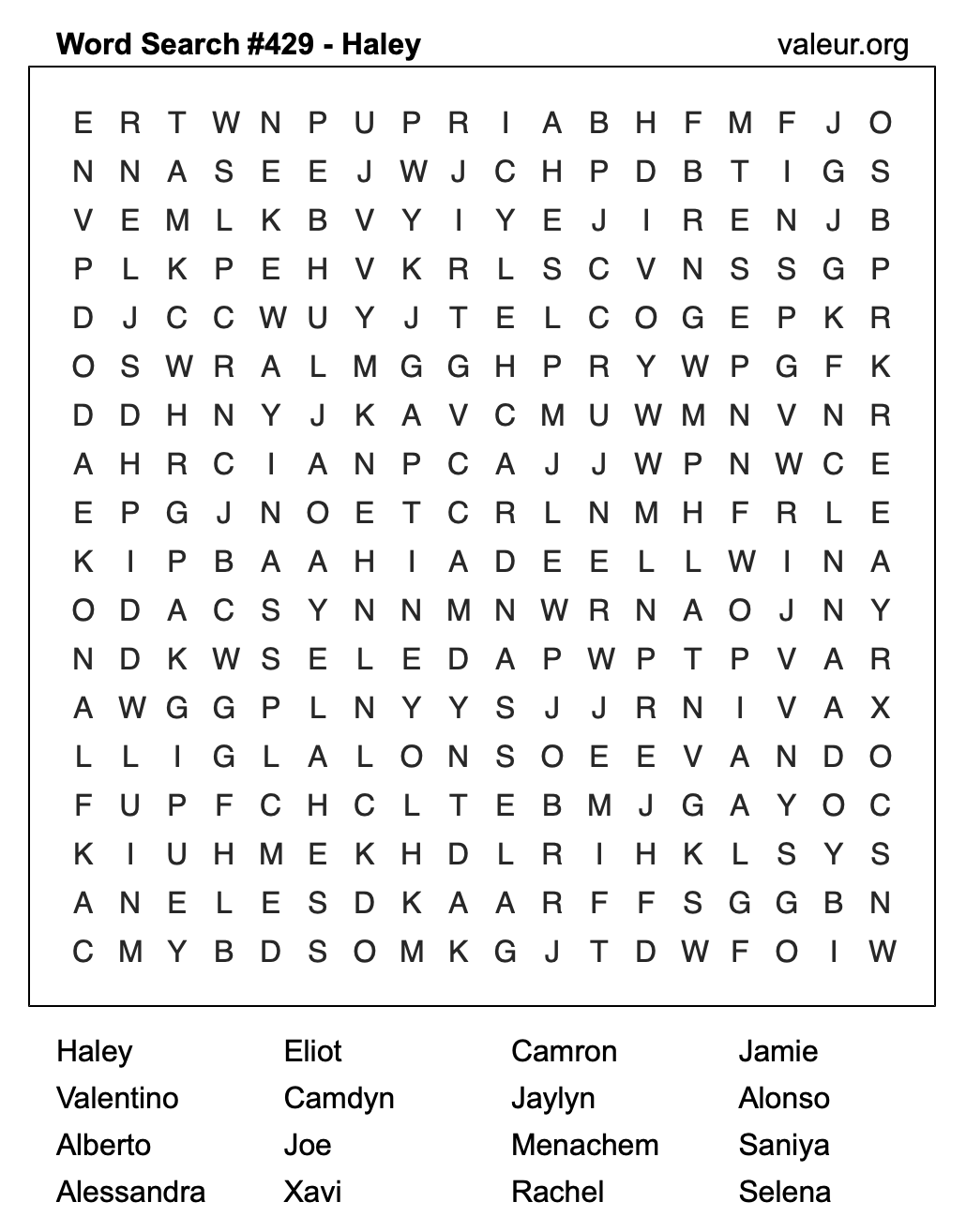 Word Search Puzzle with the name Haley #429