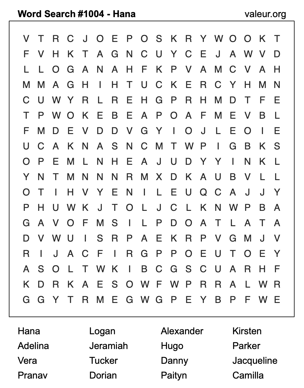 Word Search Puzzle with the name Hana #1004