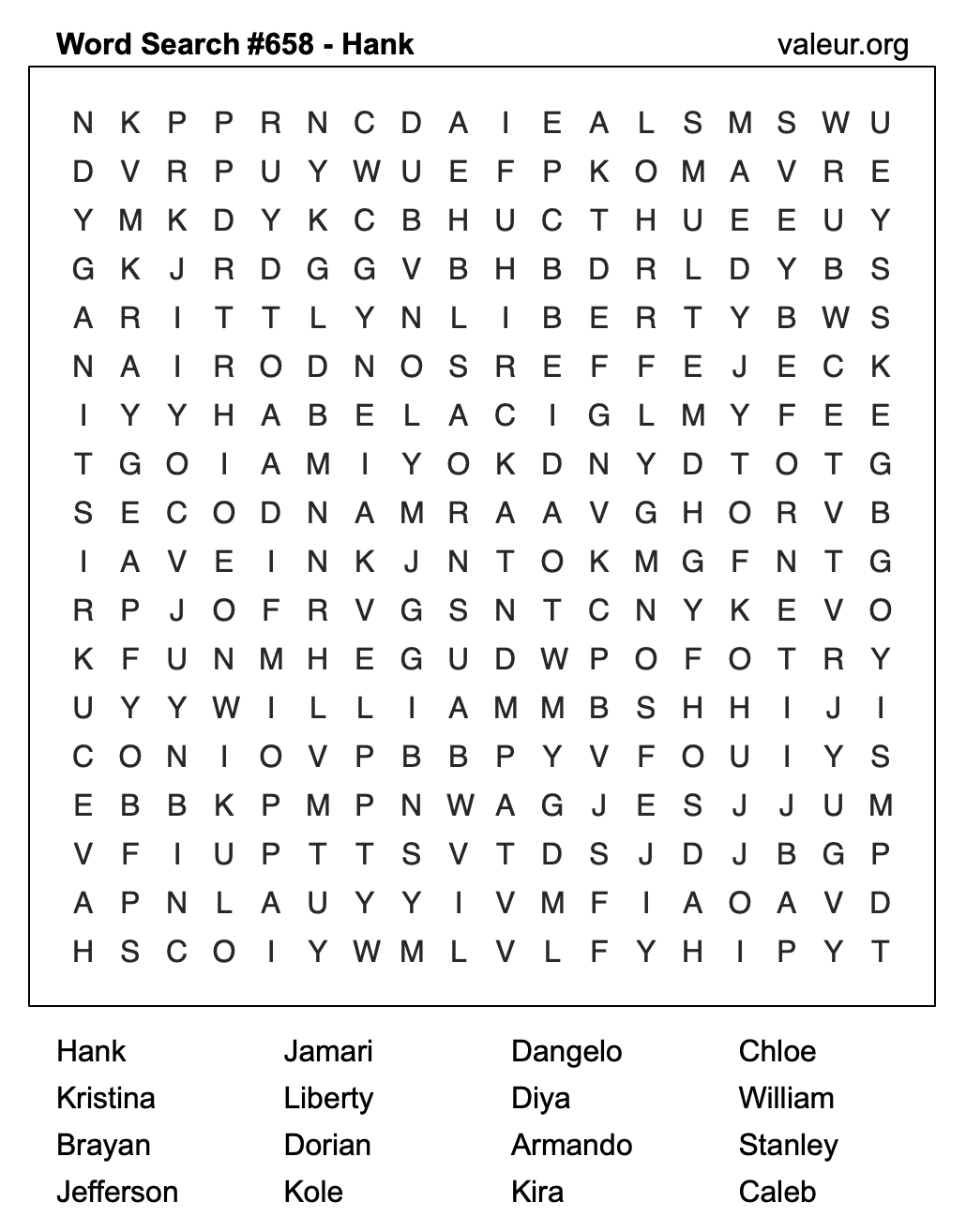 Word Search Puzzle with the name Hank #658