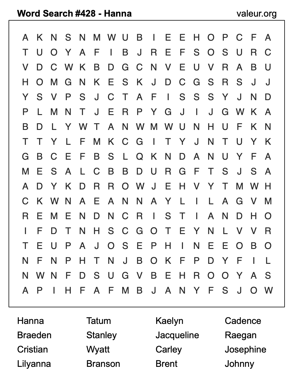 Word Search Puzzle with the name Hanna #428 Word Search Puzzle with the name Hanna #428