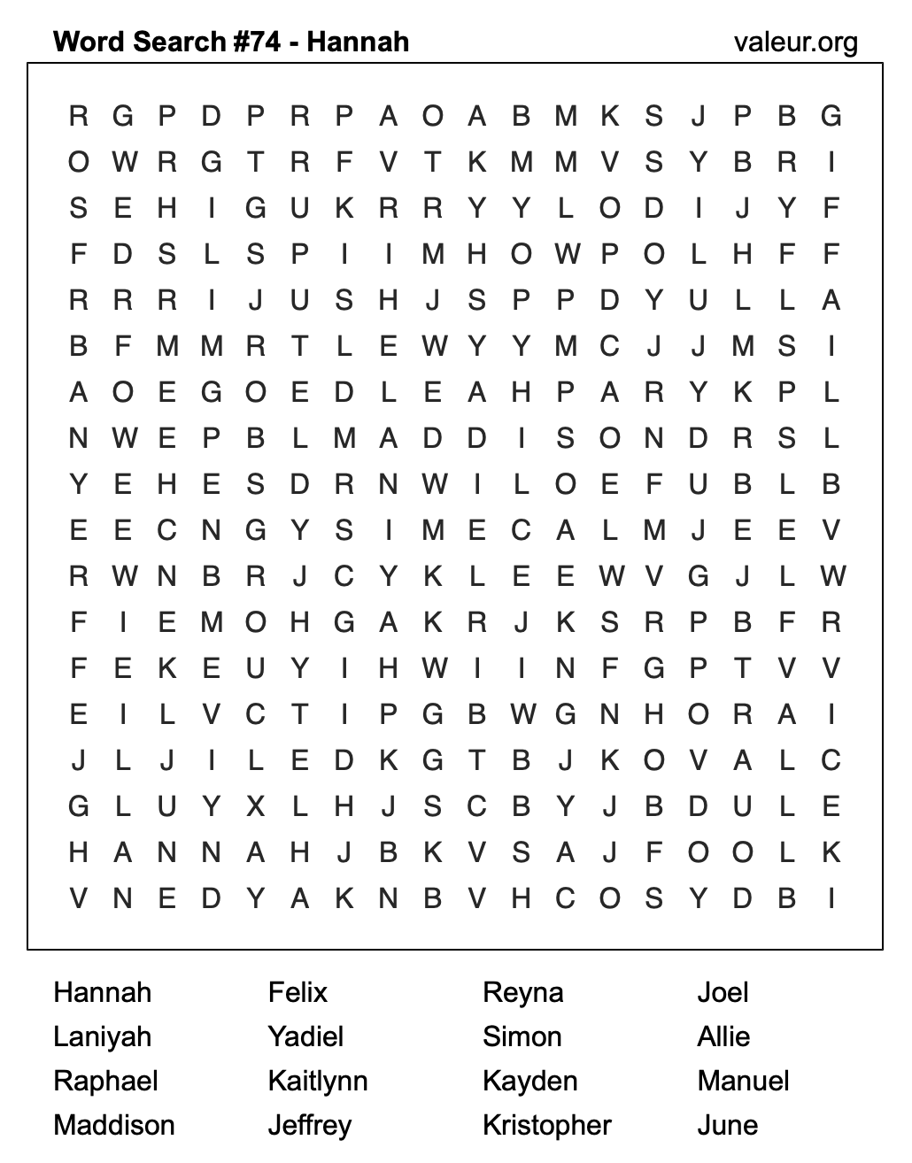 Word Search Puzzle with the name Hannah #74 Word Search Puzzle with the name Hannah #74