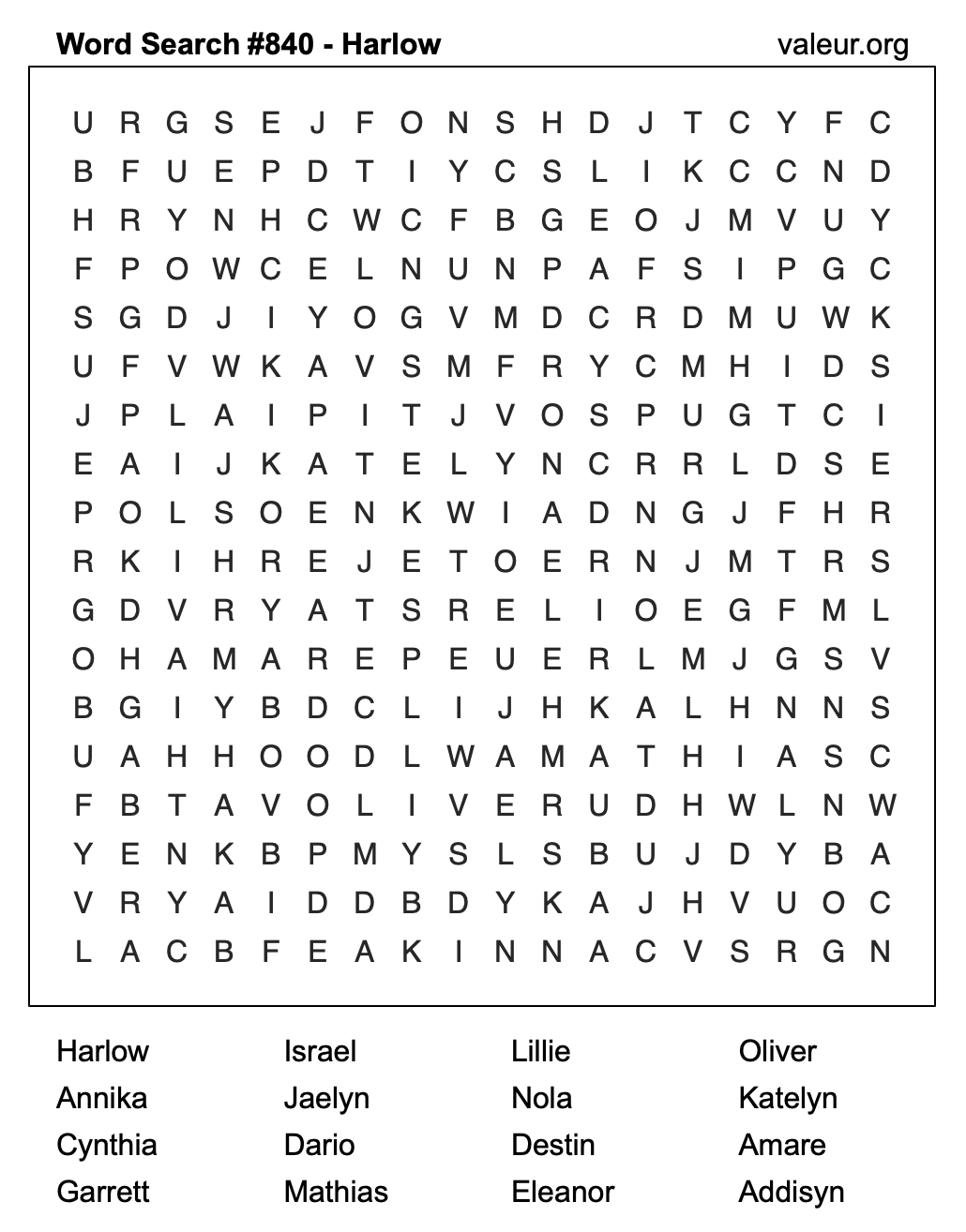 Word Search Puzzle with the name Harlow #840 Word Search Puzzle with the name Harlow #840