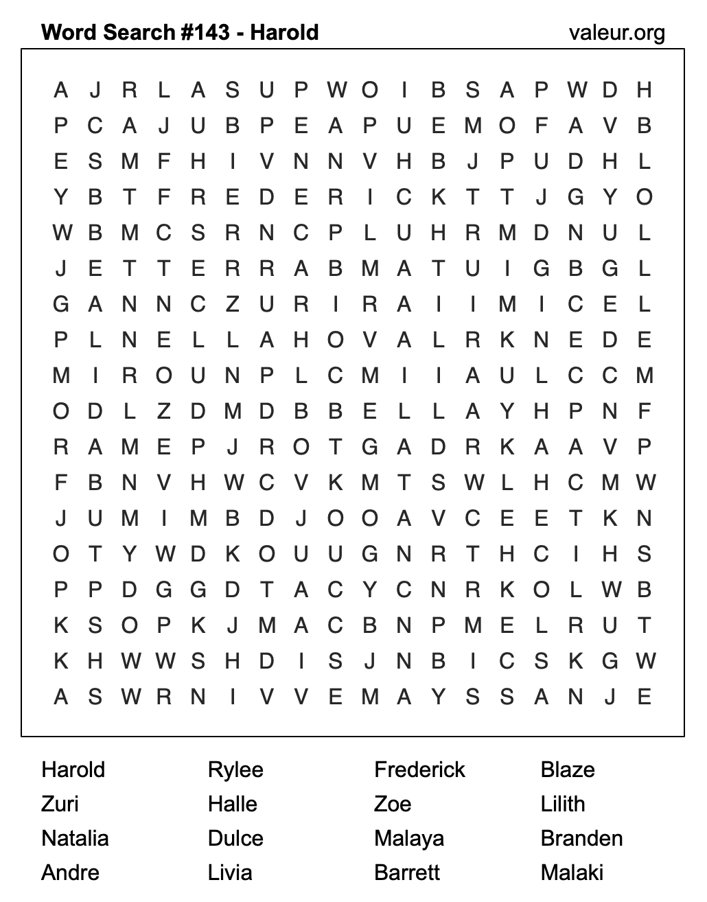 Word Search Puzzle with the name Harold #143