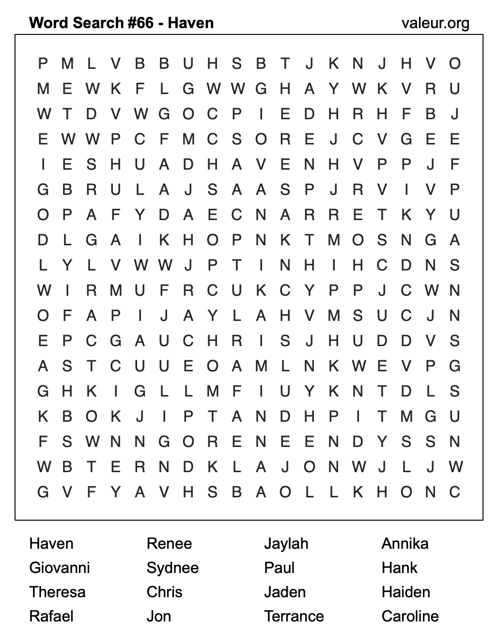 Word Search Puzzle with the name Haven #66 Word Search Puzzle with the name Haven #66