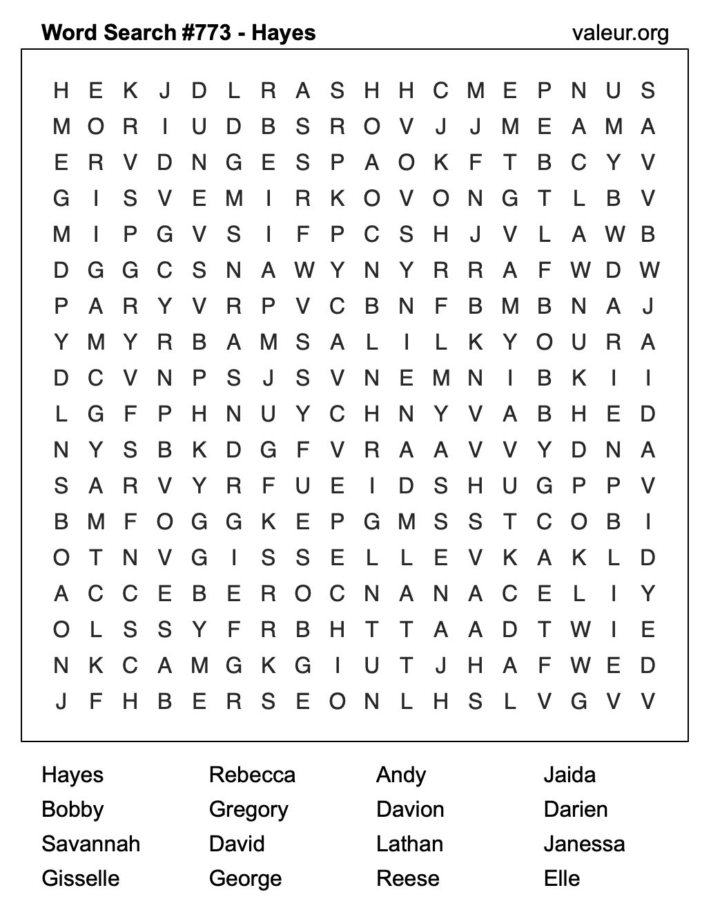 Word Search Puzzle with the name Hayes #773