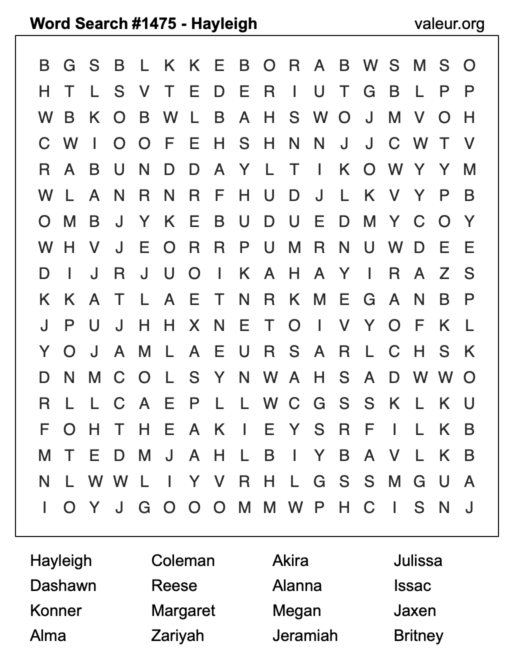 Word Search Puzzle with the name Hayleigh #1475