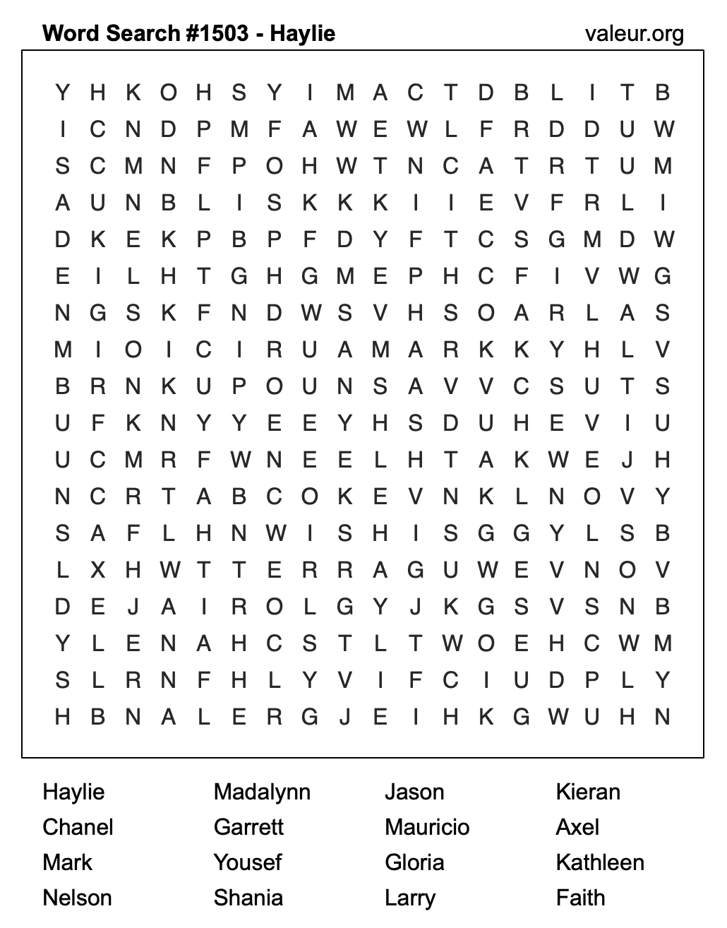 Word Search Puzzle with the name Haylie #1503