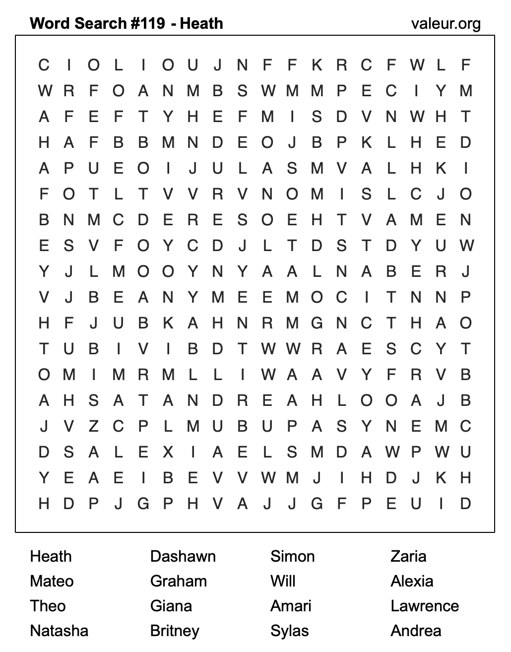 Word Search Puzzle with the name Heath #119