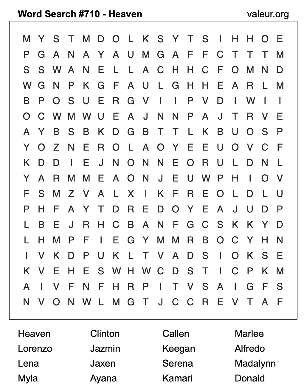 Word Search Puzzle with the name Heaven #710