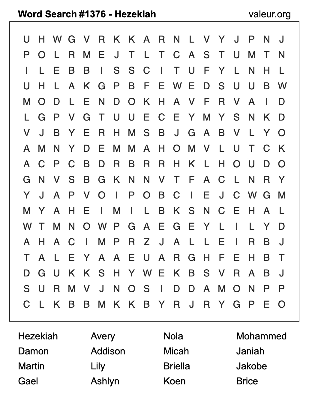 Word Search Puzzle with the name Hezekiah #1376
