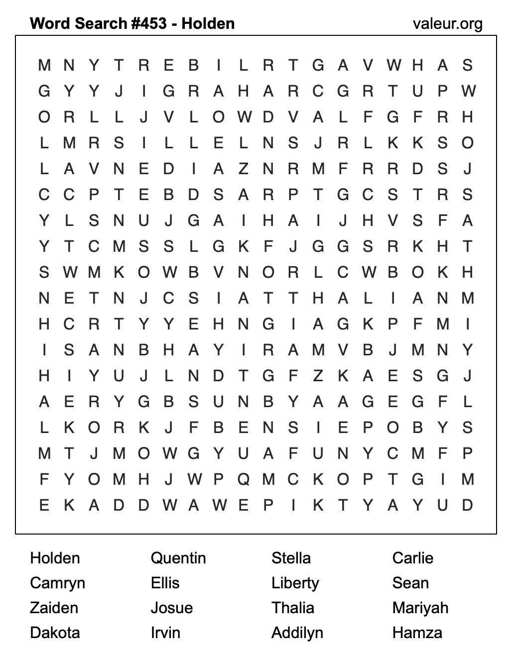 Word Search Puzzle with the name Holden #453
