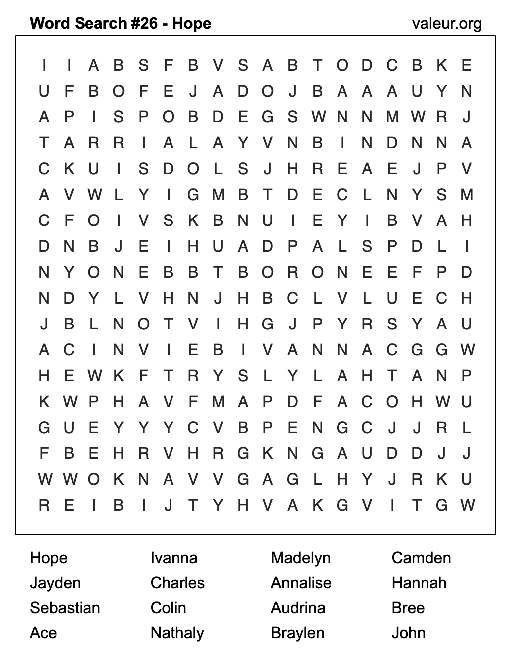 Word Search Puzzle with the name Hope #26
