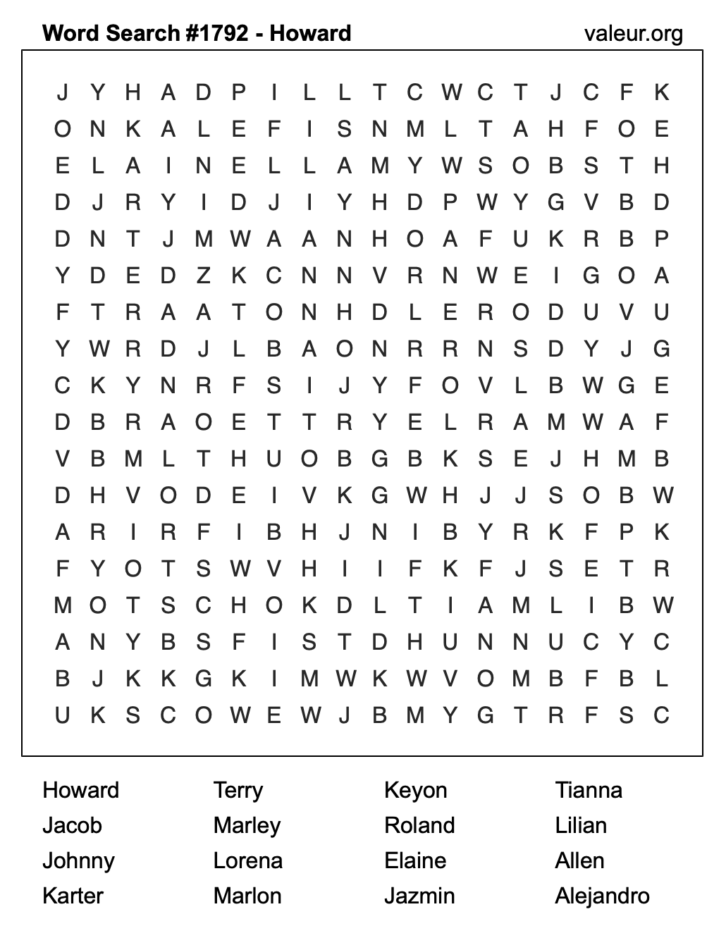 Word Search Puzzle with the name Howard #1792