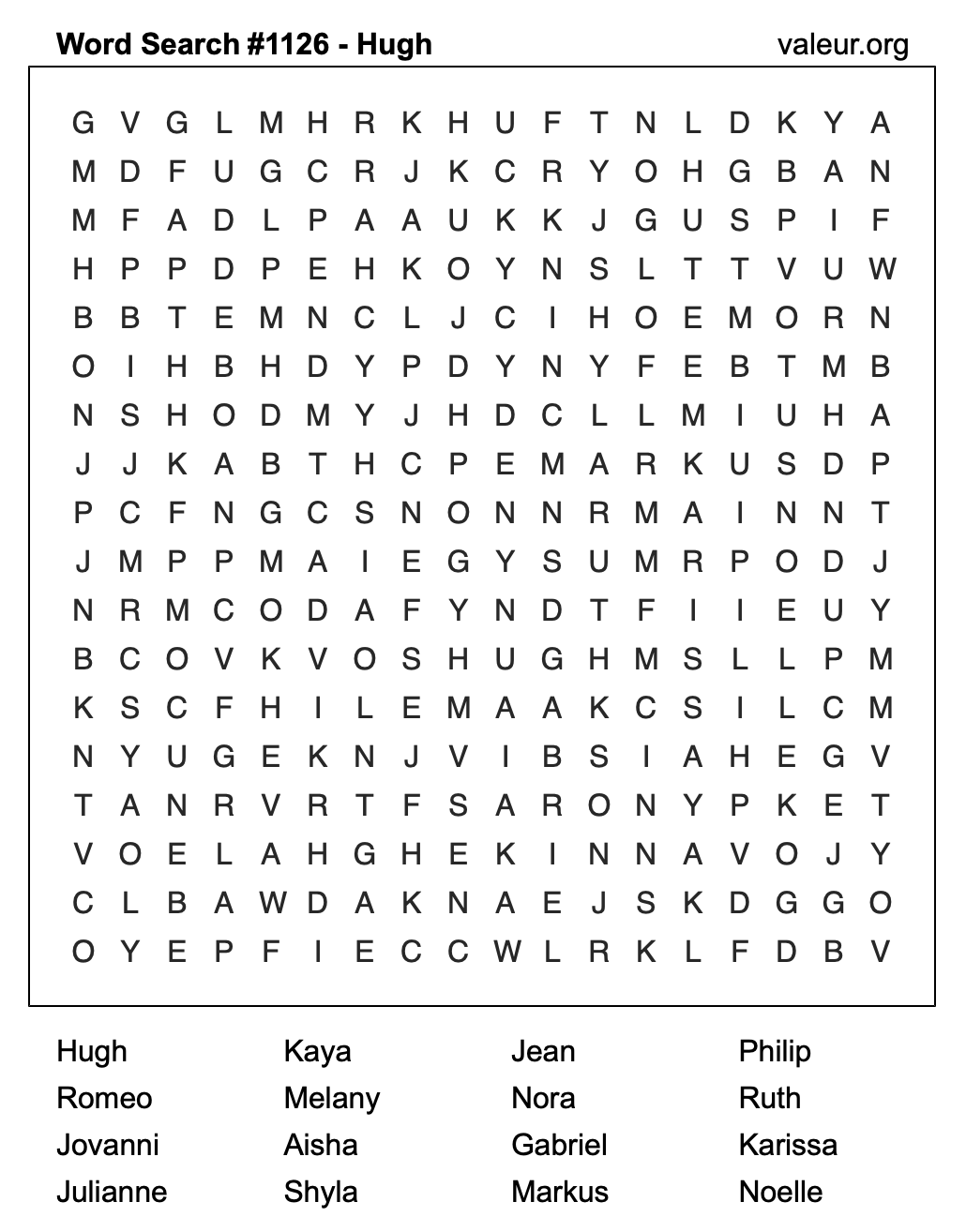 Word Search Puzzle with the name Hugh #1126