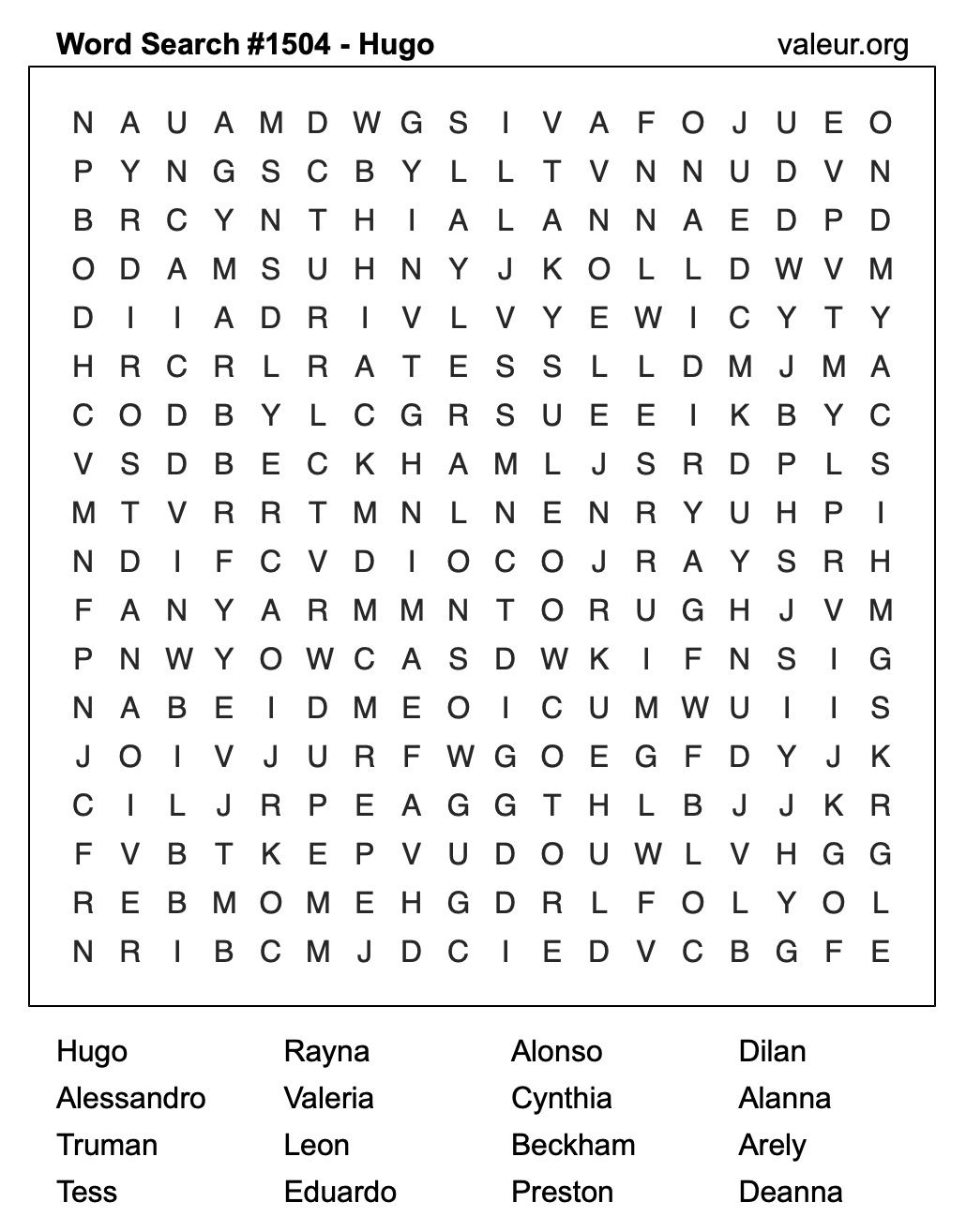 Word Search Puzzle with the name Hugo #1504