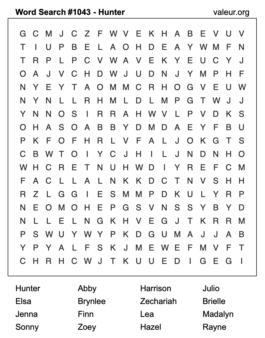 Word Search Puzzle with the name Hunter #1043