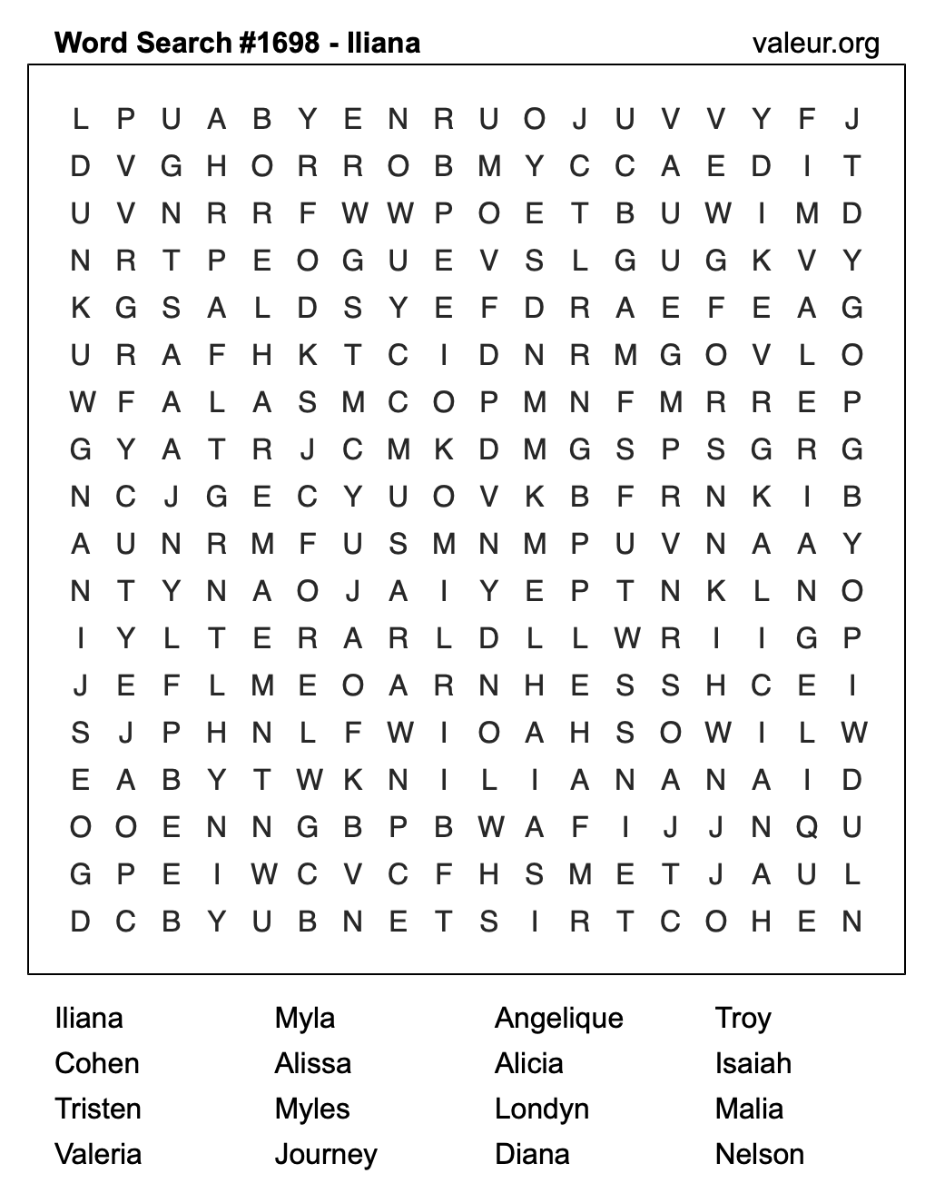 Word Search Puzzle with the name Iliana #1698 Word Search Puzzle with the name Iliana #1698