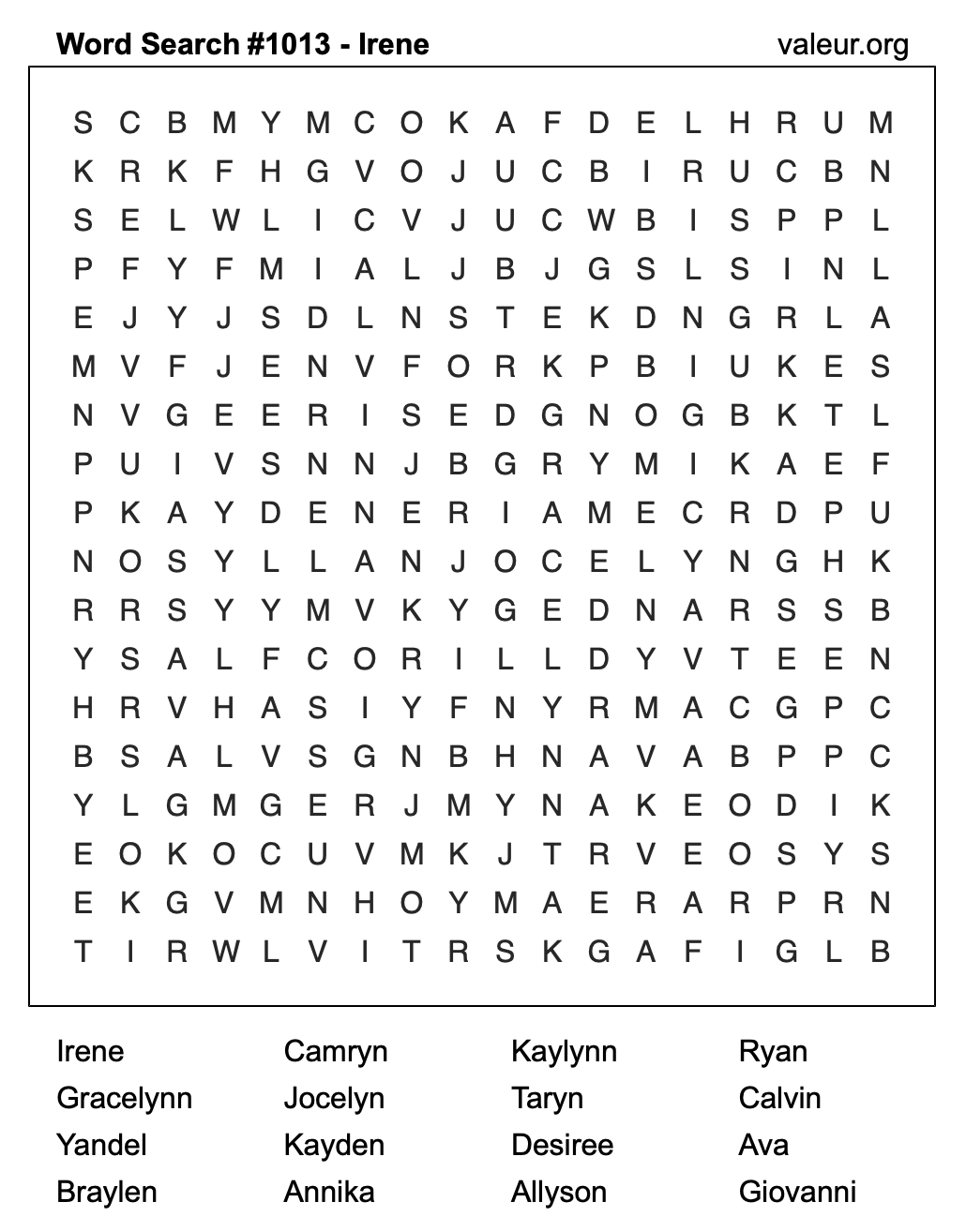 Word Search Puzzle with the name Irene #1013
