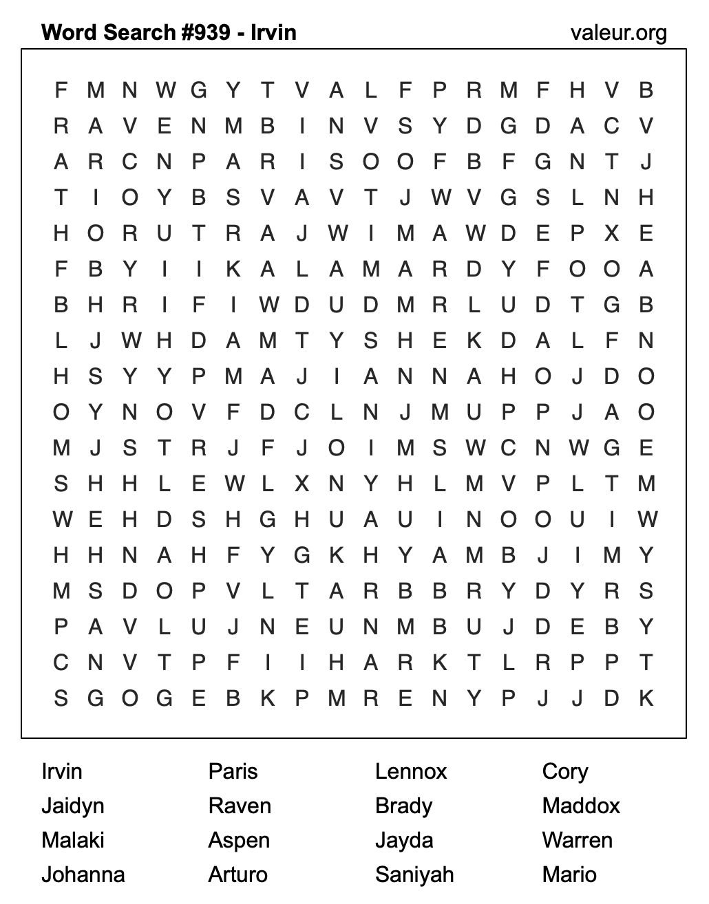 Word Search Puzzle with the name Irvin #939 Word Search Puzzle with the name Irvin #939