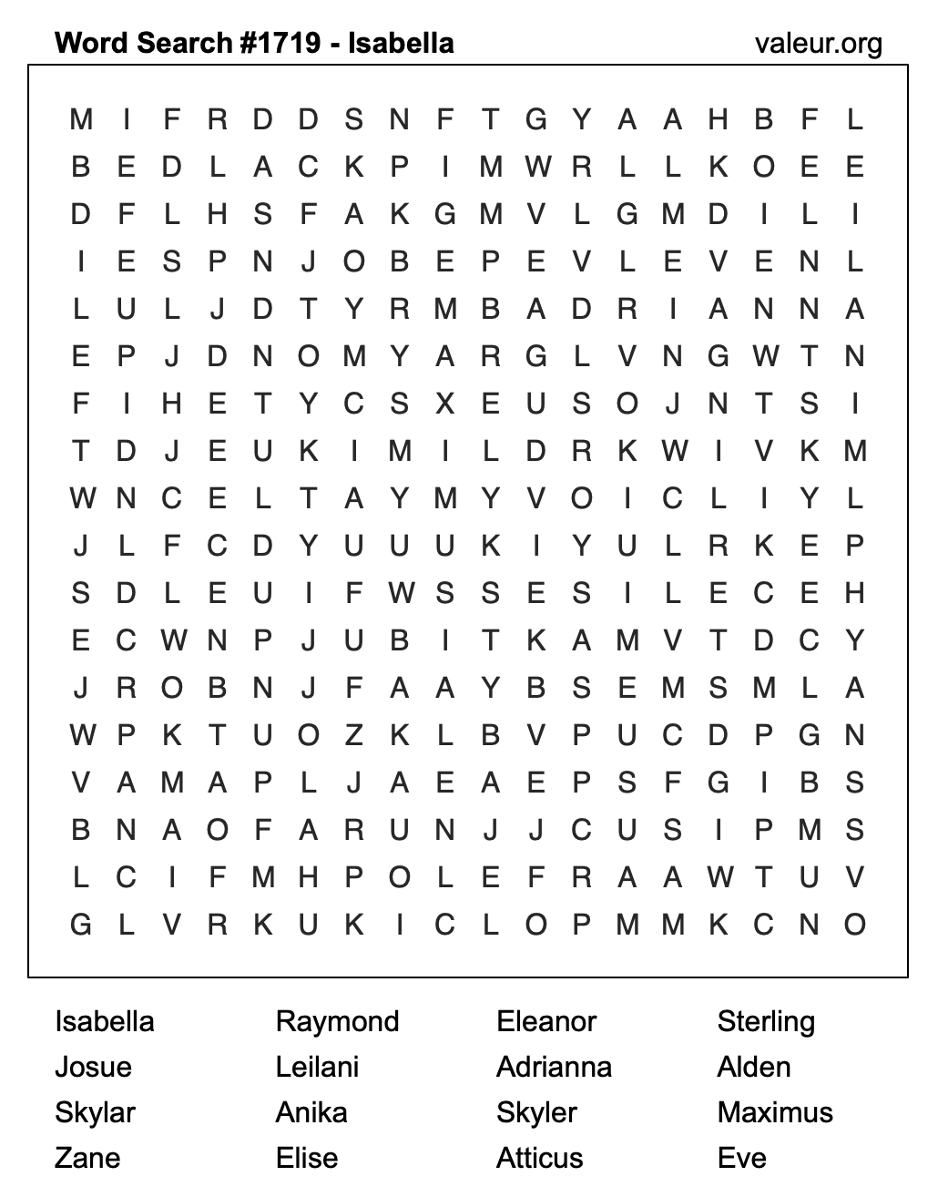 Word Search Puzzle with the name Isabella #1719