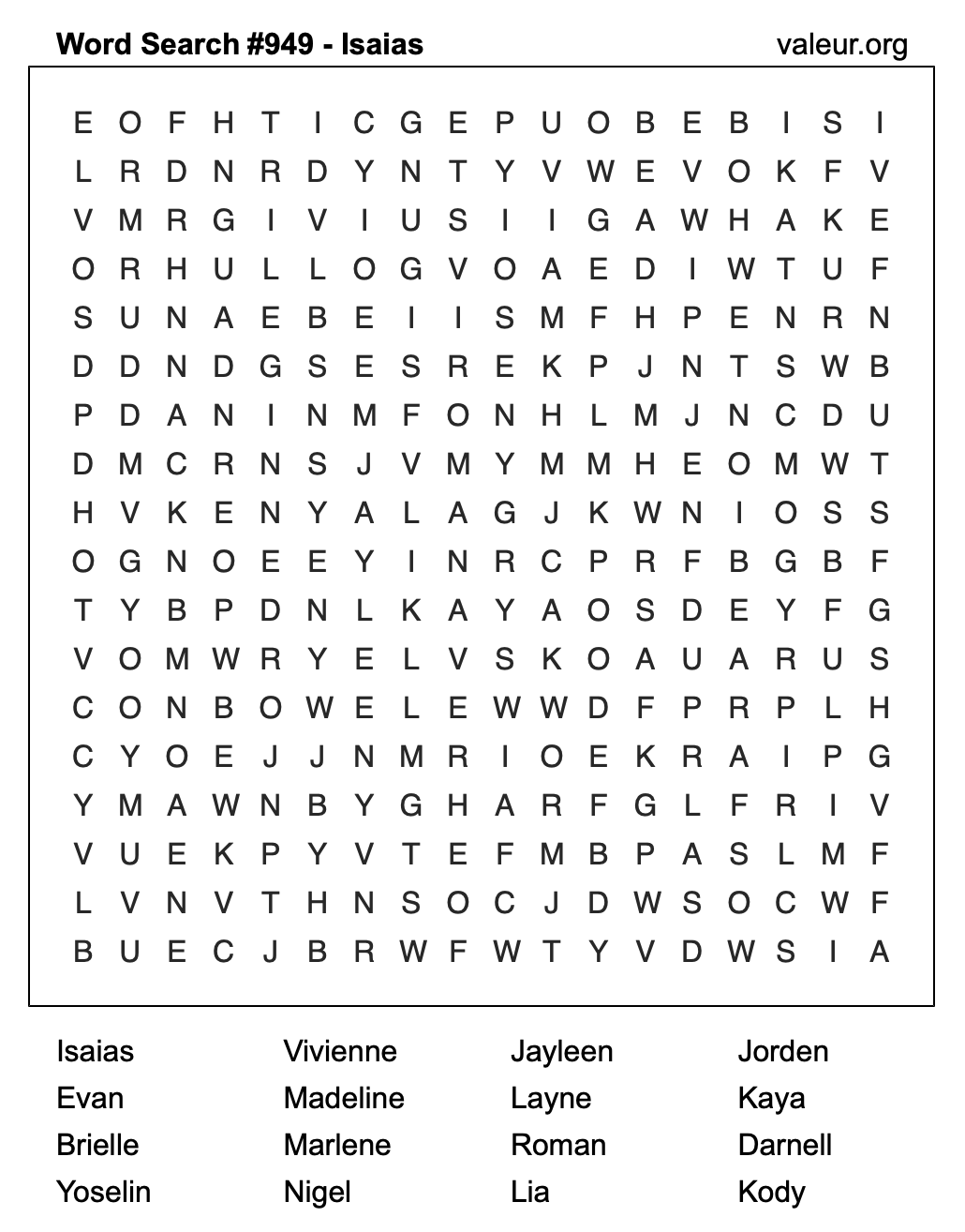 Word Search Puzzle with the name Isaias #949