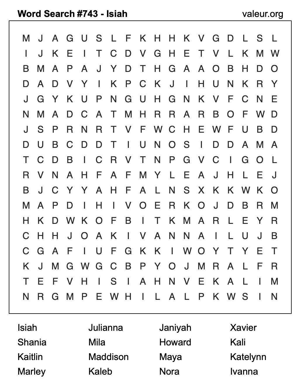 Word Search Puzzle with the name Isiah #743