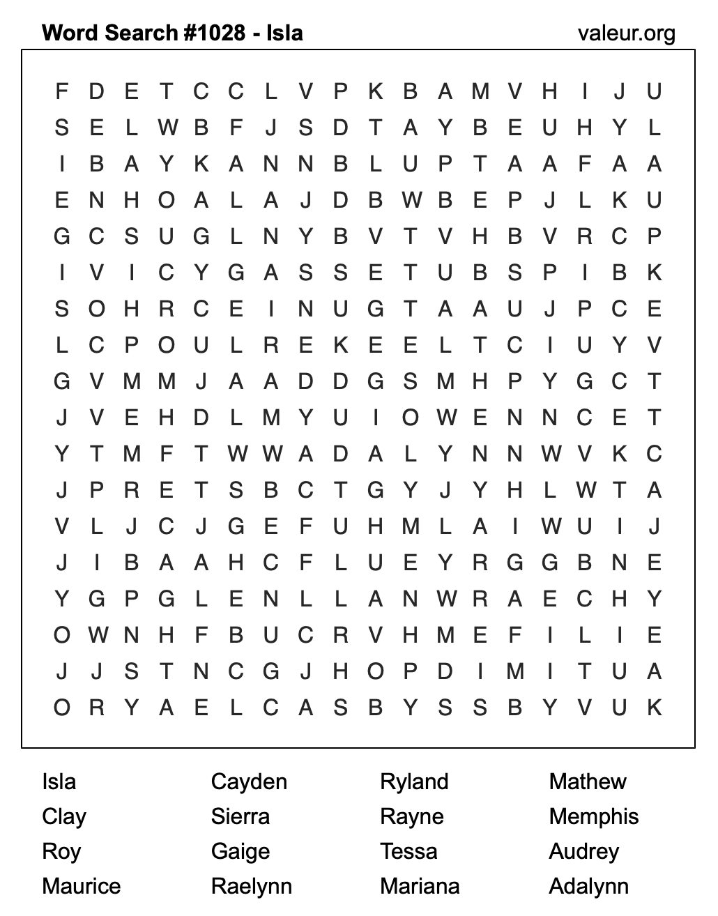 Word Search Puzzle with the name Isla #1028